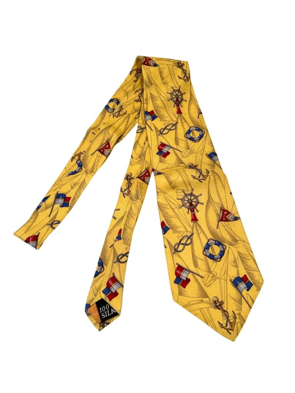 Silk Tie Sport Maritime Yacht Club Nautical Flag Ship Wheel Anchor Yellow VTG - Picture 3 of 10